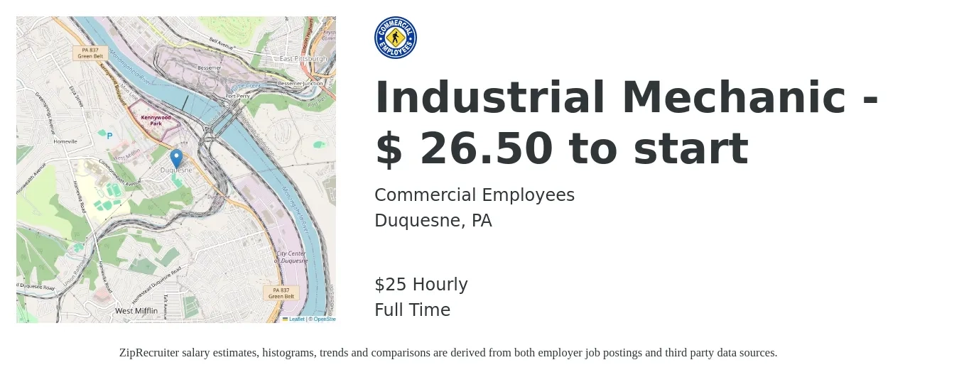 Commercial Employees job posting for a Industrial Mechanic - $26.50 to start in Duquesne, PA with a salary of $26 Hourly with a map of Duquesne location.