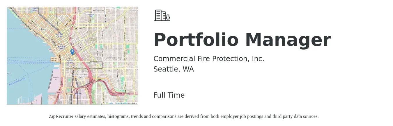 Commercial Fire Protection, Inc. job posting for a Portfolio Manager in Seattle, WA with a salary of $74,800 to $148,500 Yearly with a map of Seattle location.