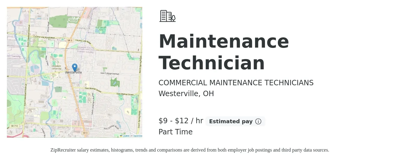 COMMERCIAL MAINTENANCE TECHNICIANS job posting for a Maintenance Technician in Westerville, OH with a salary of $10 to $13 Hourly with a map of Westerville location.