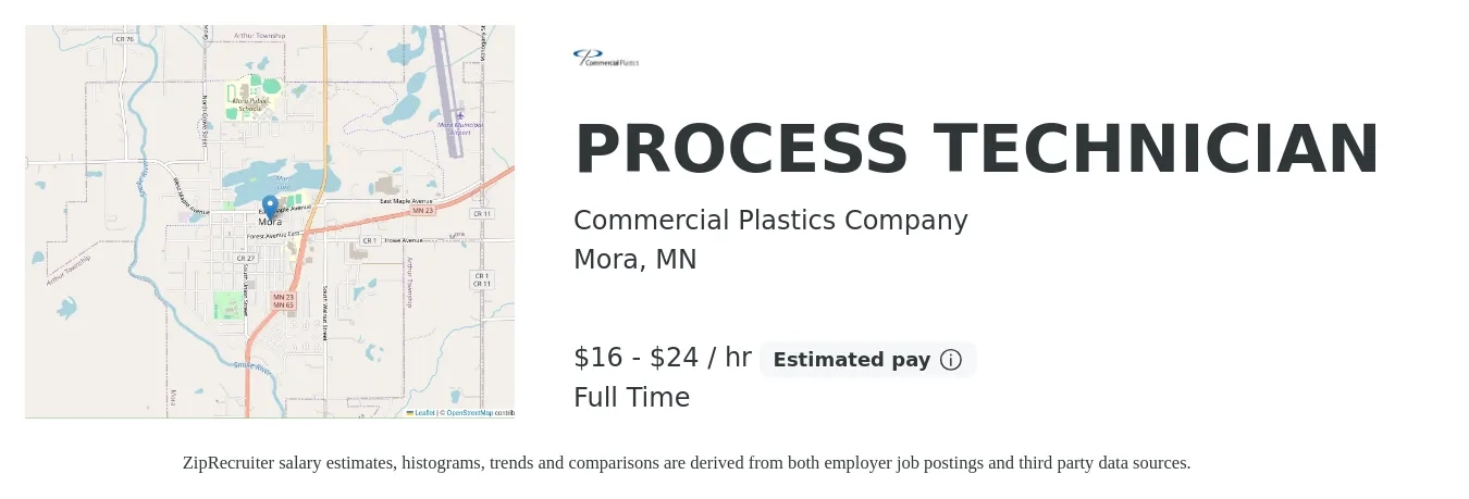 Commercial Plastics Company job posting for a PROCESS TECHNICIAN in Mora, MN with a salary of $17 to $25 Hourly with a map of Mora location.