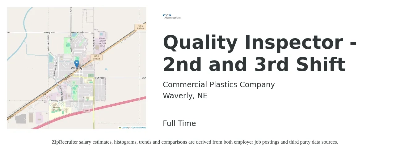 Commercial Plastics Company job posting for a Quality Inspector - 2nd and 3rd Shift in Waverly, NE with a salary of $16 to $24 Hourly with a map of Waverly location.