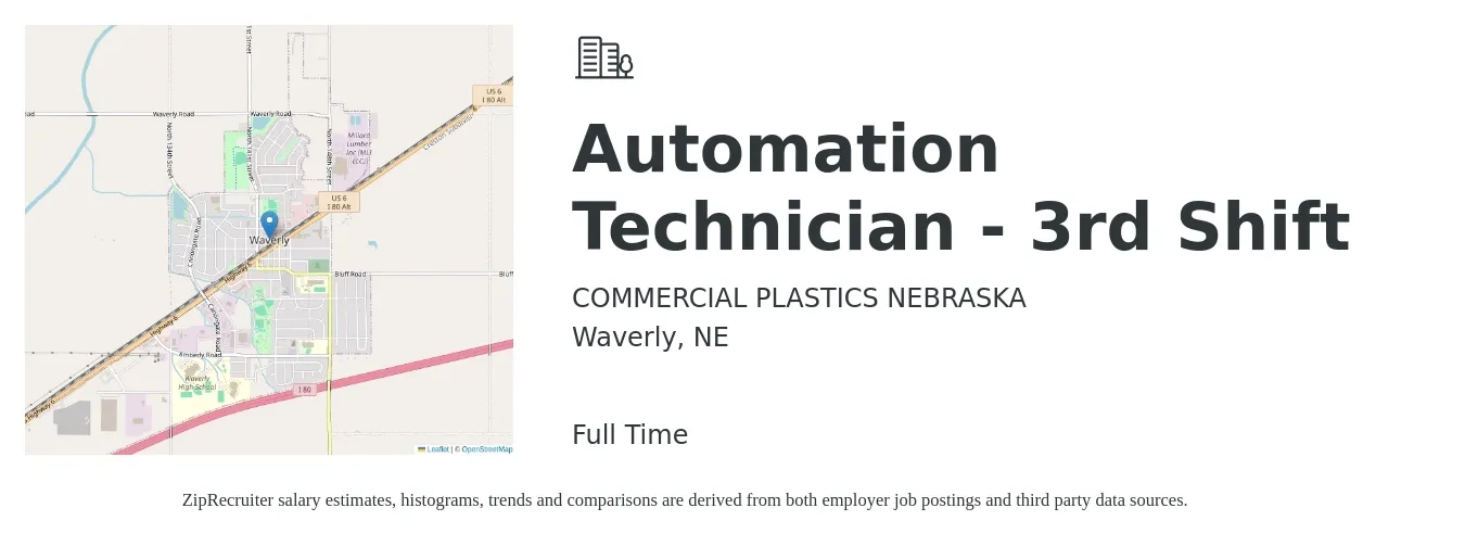COMMERCIAL PLASTICS NEBRASKA job posting for a Automation Technician - 3rd Shift in Waverly, NE with a salary of $41,000 Yearly with a map of Waverly location.