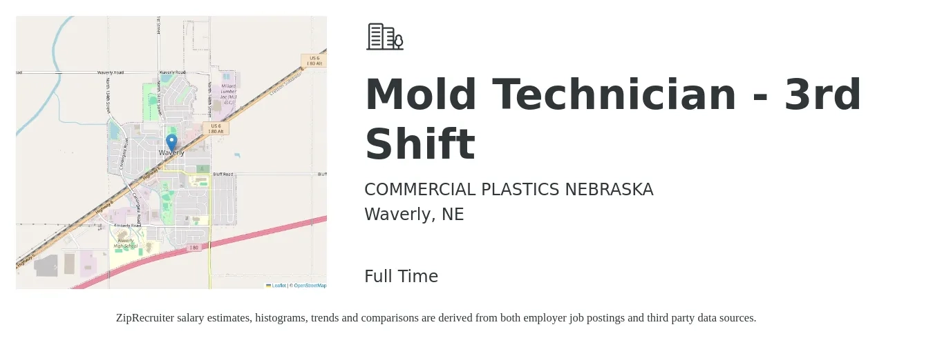 COMMERCIAL PLASTICS NEBRASKA job posting for a Mold Technician - 3rd Shift in Waverly, NE with a salary of $20 to $26 Hourly with a map of Waverly location.
