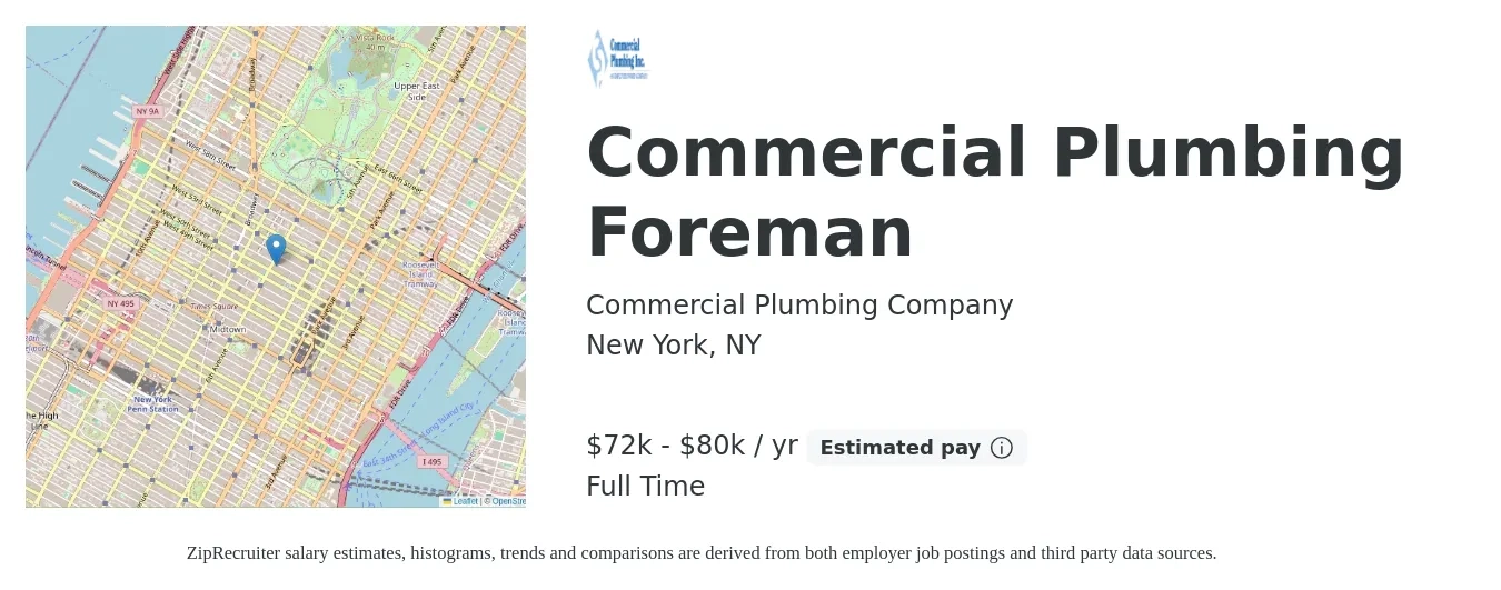 Commercial Plumbing Company job posting for a Commercial Plumbing Foreman in New York, NY with a salary of $72,000 to $80,000 Yearly with a map of New York location.