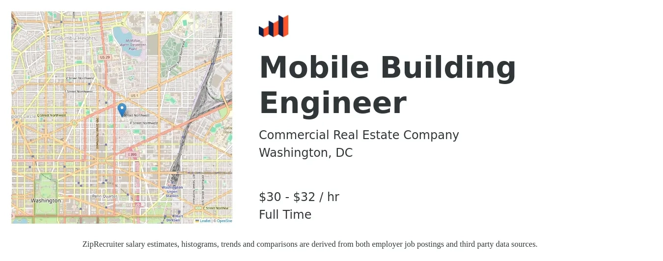 Commercial Real Estate Company job posting for a Mobile Building Engineer in Washington, DC with a salary of $32 to $34 Hourly with a map of Washington location.