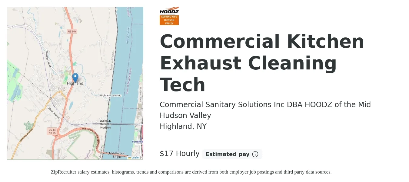 Commercial Sanitary Solutions Inc DBA HOODZ of the Mid Hudson Valley job posting for a Commercial Kitchen Exhaust Cleaning Tech in Highland, NY with a salary of $18 Hourly with a map of Highland location.