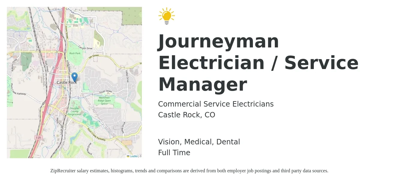 Commercial Service Electricians job posting for a Journeyman Electrician / Service Manager in Castle Rock, CO with a salary of $29 to $40 Hourly and benefits including life_insurance, medical, retirement, vision, and dental with a map of Castle Rock location.