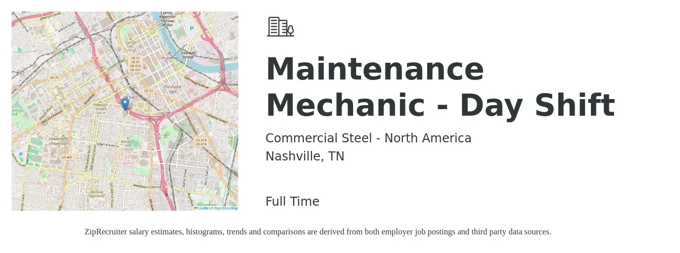 Commercial Steel - North America job posting for a Maintenance Mechanic - Day Shift in Nashville, TN with a salary of $24 to $31 Hourly with a map of Nashville location.