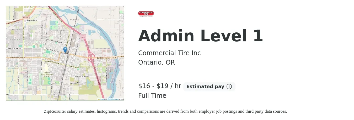 Commercial Tire Inc job posting for a Admin Level 1 in Ontario, OR with a salary of $17 to $20 Hourly with a map of Ontario location.
