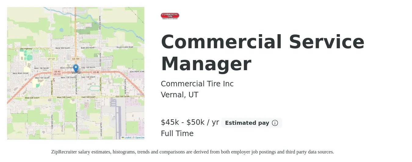 Commercial Tire Inc job posting for a Commercial Service Manager in Vernal, UT with a salary of $45,000 to $50,000 Yearly with a map of Vernal location.
