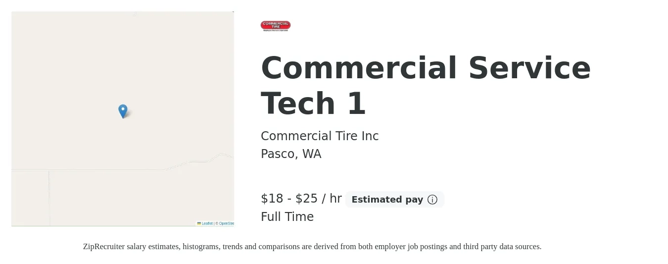 Commercial Tire Inc job posting for a Commercial Service Tech 1 in Pasco, WA with a salary of $20 to $26 Hourly with a map of Pasco location.