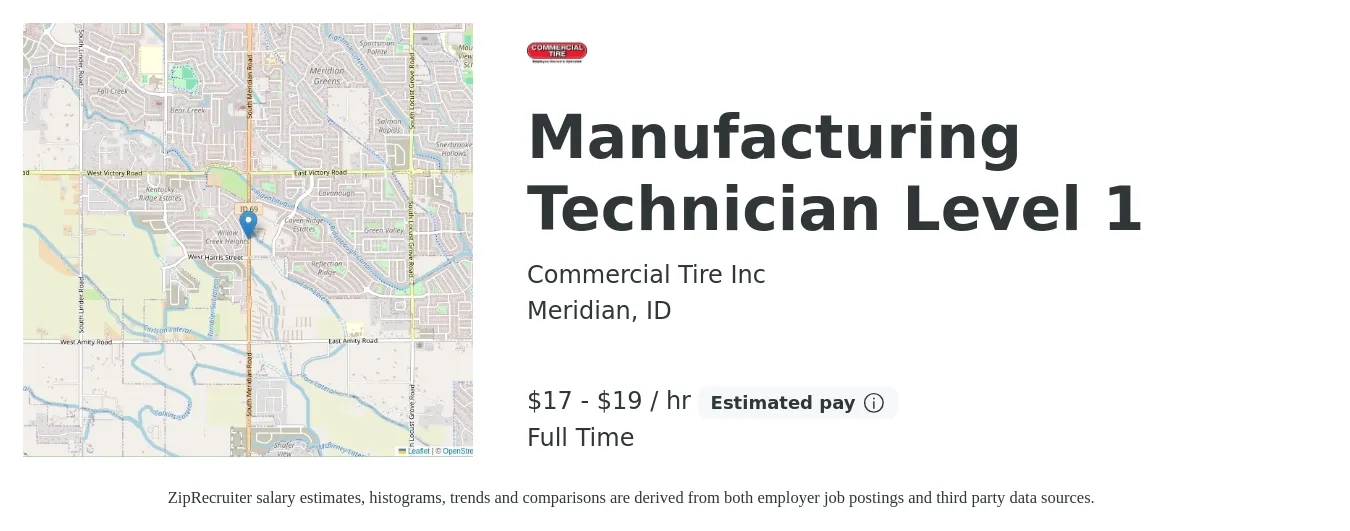 Commercial Tire Inc job posting for a Manufacturing Technician Level 1 in Meridian, ID with a salary of $18 to $20 Hourly with a map of Meridian location.
