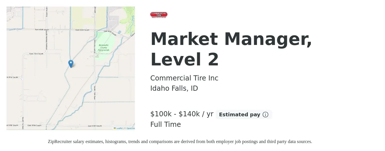 Commercial Tire Inc job posting for a Market Manager, Level 2 in Idaho Falls, ID with a salary of $100,000 to $140,000 Yearly with a map of Idaho Falls location.