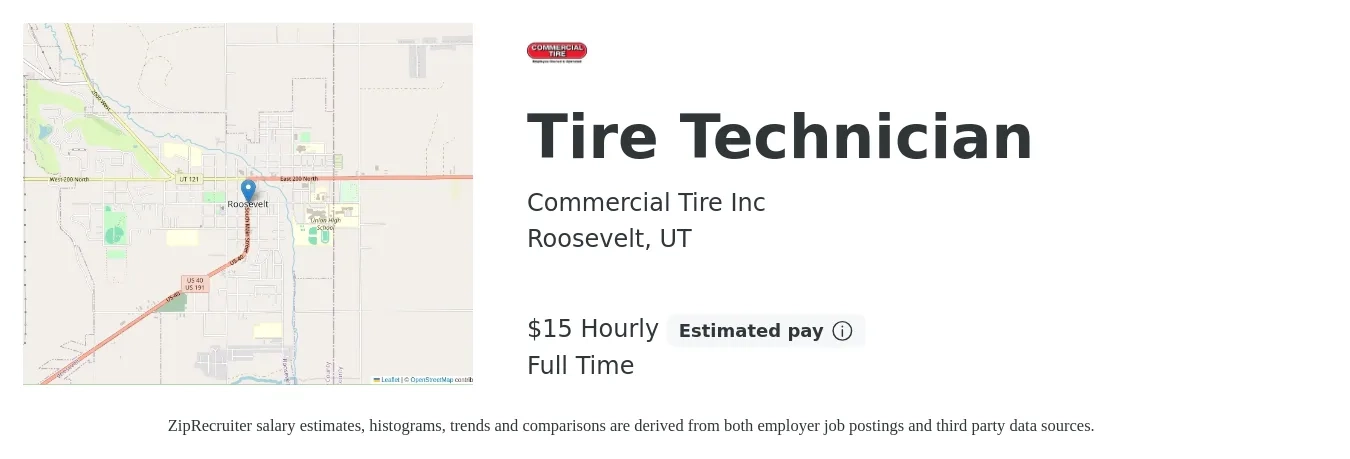 Commercial Tire Inc job posting for a Tire Technician in Roosevelt, UT with a salary of $16 to $16 Hourly with a map of Roosevelt location.