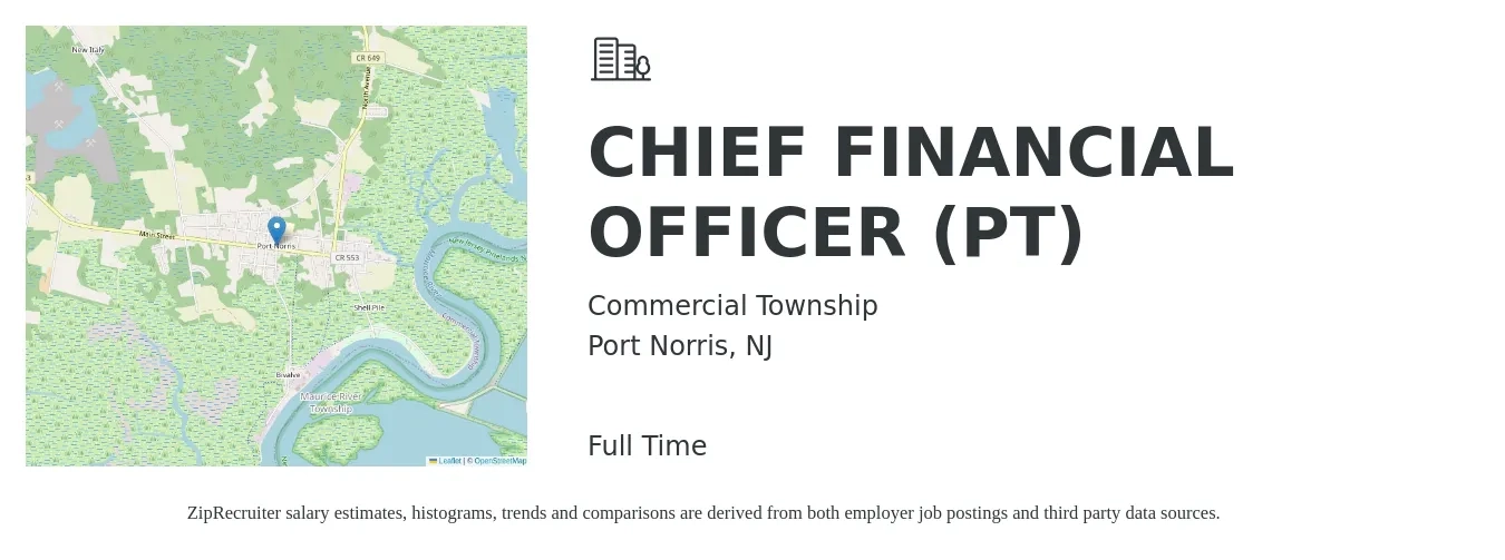 Commercial Township job posting for a CHIEF FINANCIAL OFFICER (PT) in Port Norris, NJ with a salary of $155,200 to $440,200 Yearly with a map of Port Norris location.