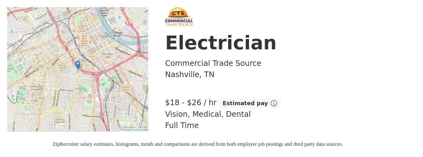 Commercial Trade Source job posting for a Electrician in Nashville, TN with a salary of $20 to $29 Hourly and benefits including life_insurance, medical, pto, retirement, vision, and dental with a map of Nashville location.