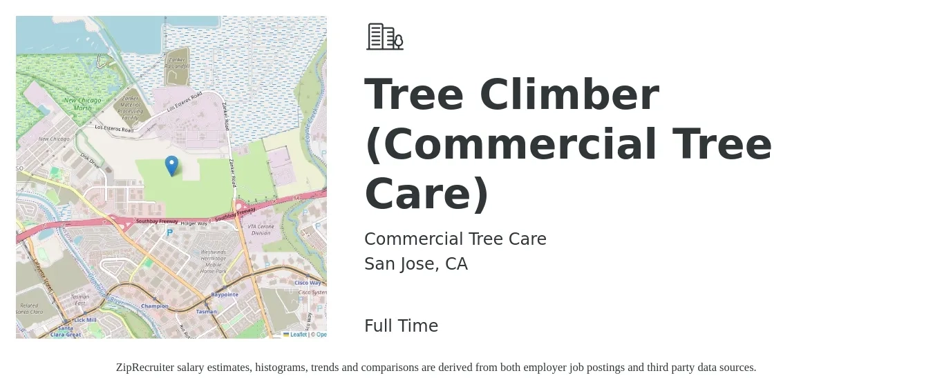 Commercial Tree Care job posting for a Tree Climber (Commercial Tree Care) in San Jose, CA with a salary of $25 to $35 Hourly with a map of San Jose location.