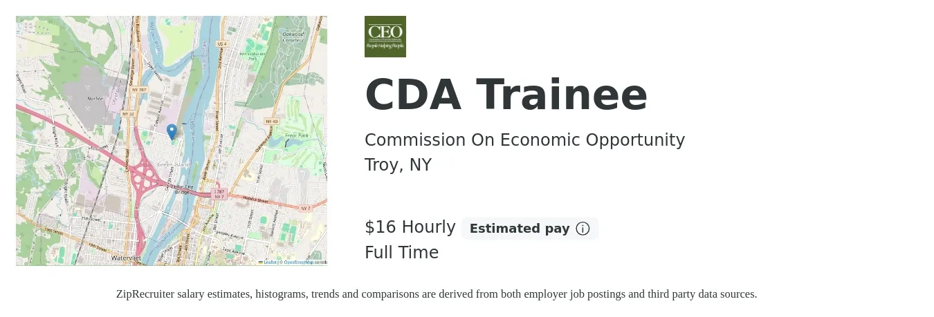 Commission On Economic Opportunity job posting for a CDA Trainee in Troy, NY with a salary of $17 Hourly with a map of Troy location.