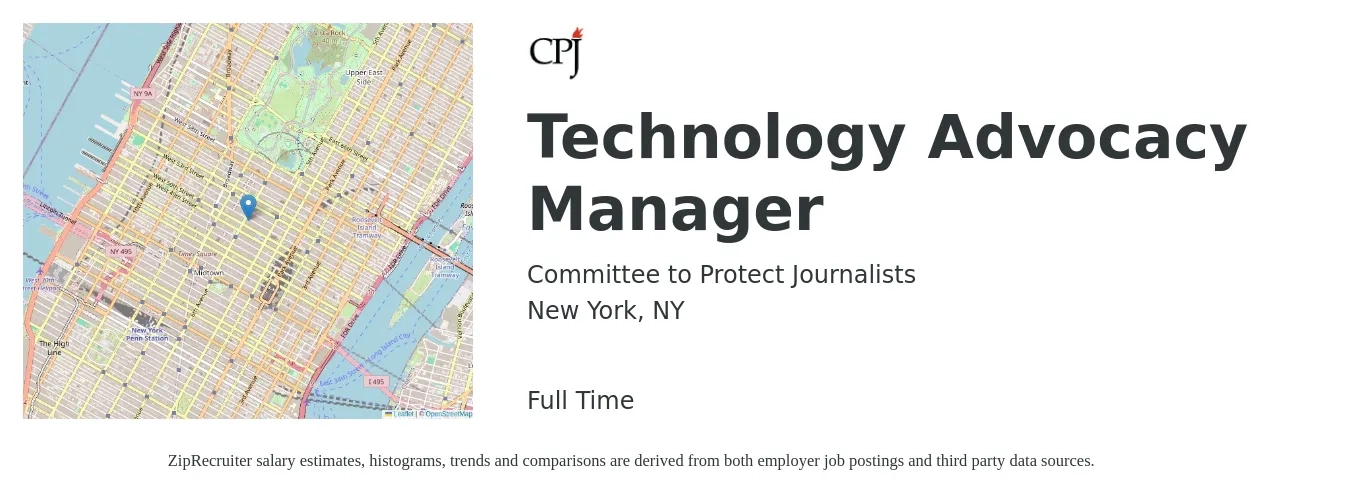 Committee to Protect Journalists job posting for a Technology Advocacy Manager in New York, NY with a salary of $87,975 to $95,738 Yearly with a map of New York location.