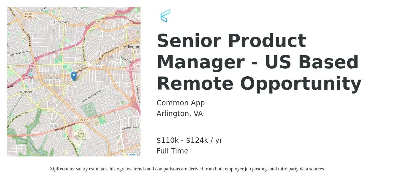 Common App job posting for a Senior Product Manager - US Based Remote Opportunity in Arlington, VA with a salary of $110,581 to $124,404 Yearly with a map of Arlington location.