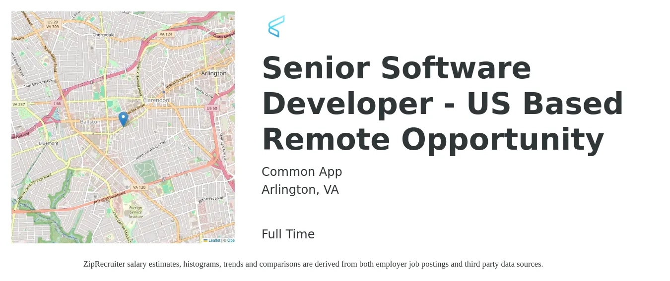 Common App job posting for a Senior Software Developer - US Based Remote Opportunity in Arlington, VA with a salary of $115,000 to $117,380 Yearly with a map of Arlington location.