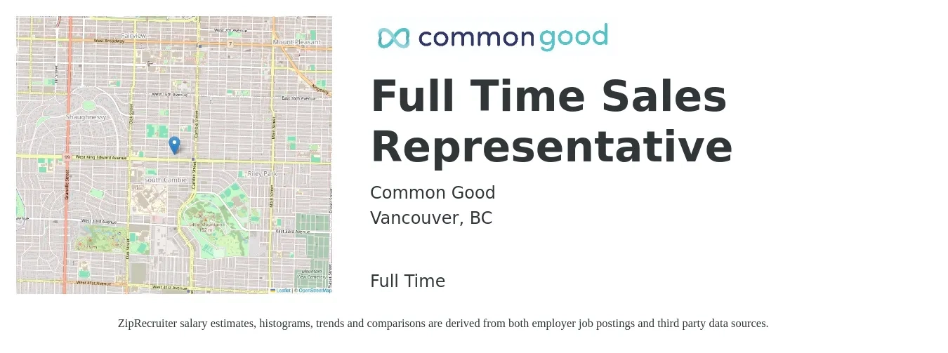 Common Good job posting for a Full Time Sales Representative in Vancouver, BC with a salary of $50 Daily (plus commission) with a map of Vancouver location.
