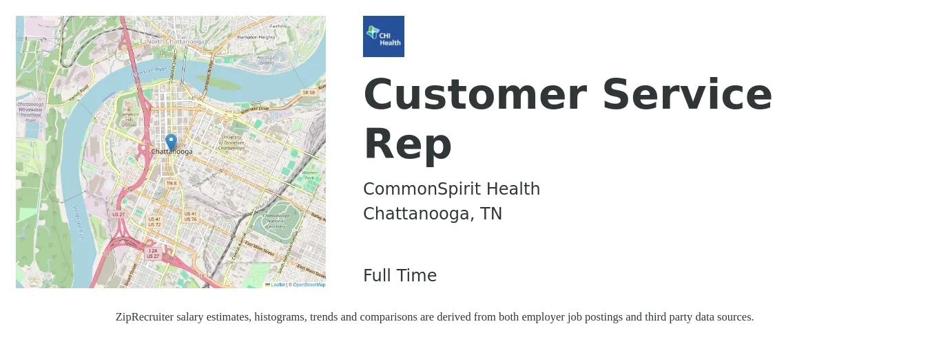 CommonSpirit Health job posting for a Customer Service Rep in Chattanooga, TN with a salary of $14 to $20 Hourly with a map of Chattanooga location.