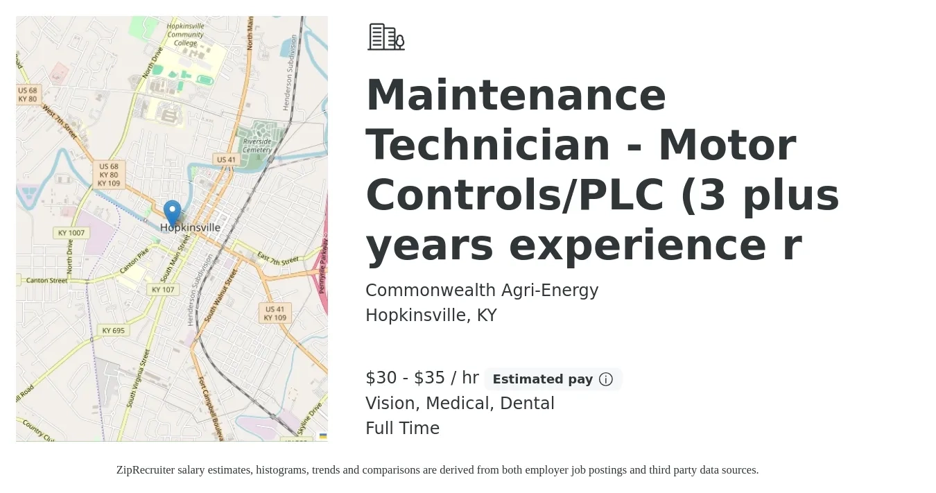 Commonwealth Agri-Energy job posting for a Maintenance Technician - Motor Controls/PLC (3 plus years experience r in Hopkinsville, KY with a salary of $32 to $37 Hourly and benefits including life_insurance, medical, pto, vision, and dental with a map of Hopkinsville location.