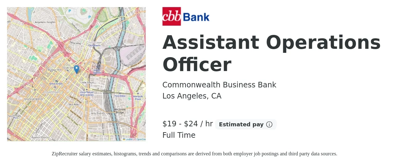 Commonwealth Business Bank job posting for a Assistant Operations Officer in Los Angeles, CA with a salary of $20 to $25 Hourly with a map of Los Angeles location.