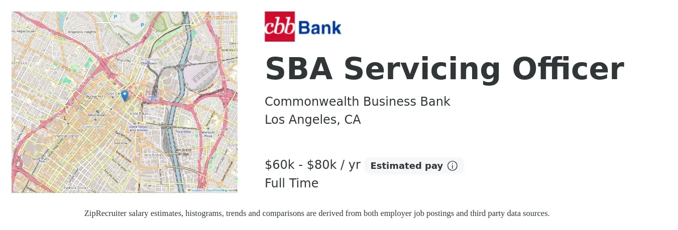Commonwealth Business Bank job posting for a SBA Servicing Officer in Los Angeles, CA with a salary of $60,000 to $80,000 Yearly with a map of Los Angeles location.