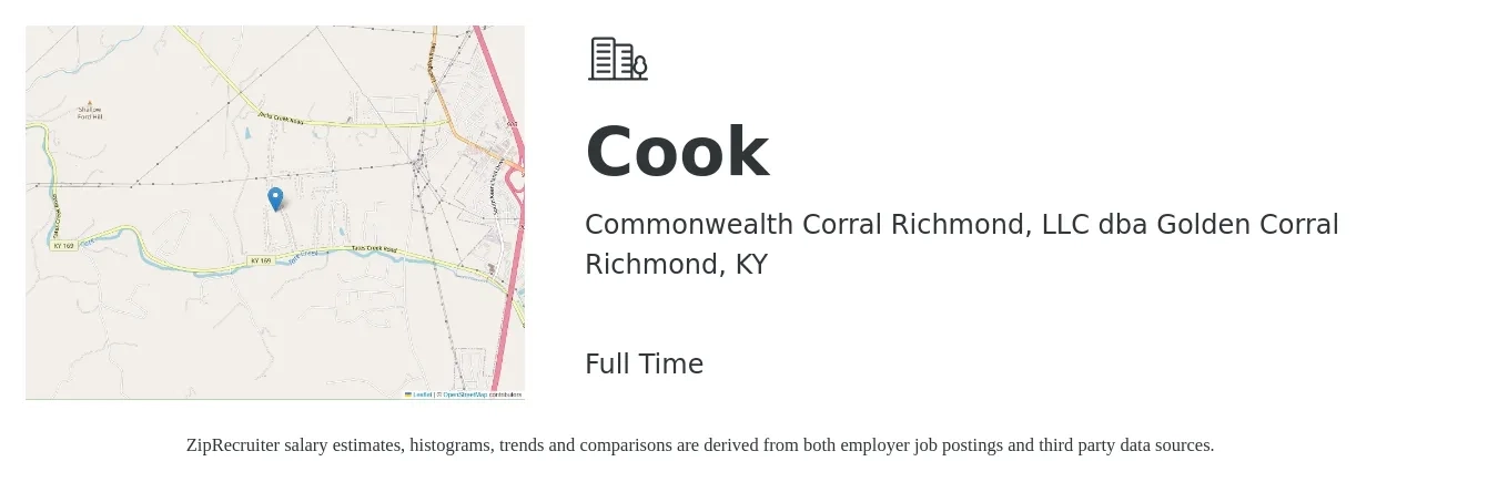 Commonwealth Corral Richmond, LLC dba Golden Corral job posting for a Cook in Richmond, KY with a salary of $11 to $15 Hourly with a map of Richmond location.