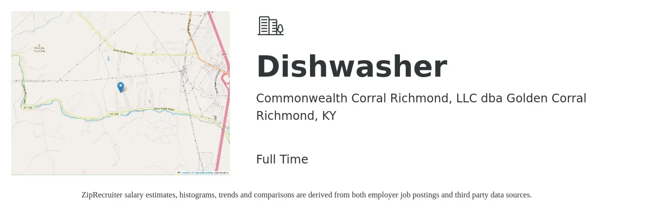 Commonwealth Corral Richmond, LLC dba Golden Corral job posting for a Dishwasher in Richmond, KY with a salary of $10 to $14 Hourly with a map of Richmond location.