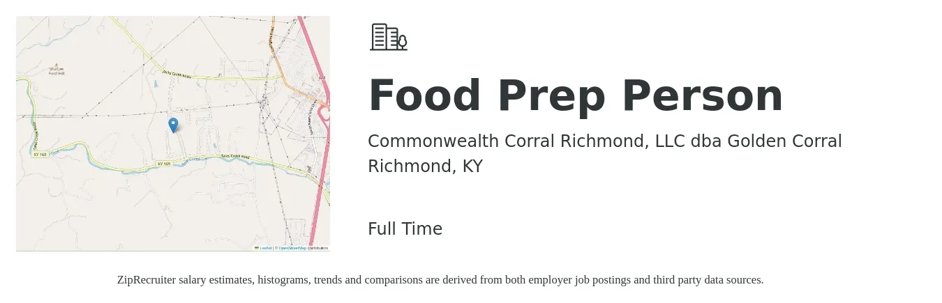 Commonwealth Corral Richmond, LLC dba Golden Corral job posting for a Food Prep Person in Richmond, KY with a salary of $10 to $13 Hourly with a map of Richmond location.