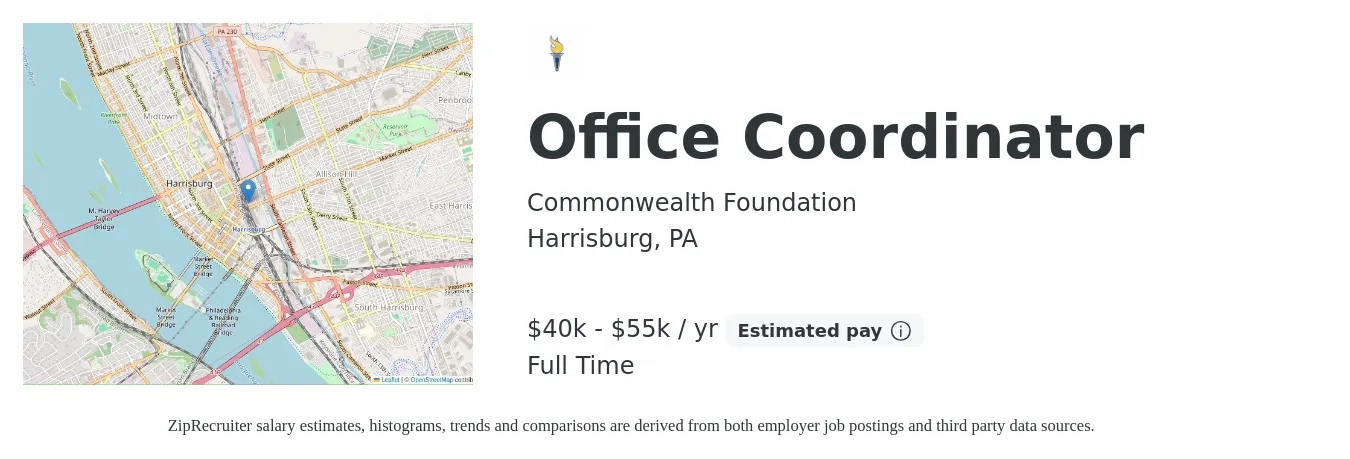 Commonwealth Foundation job posting for a Office Coordinator in Harrisburg, PA with a salary of $40,000 to $55,000 Yearly with a map of Harrisburg location.