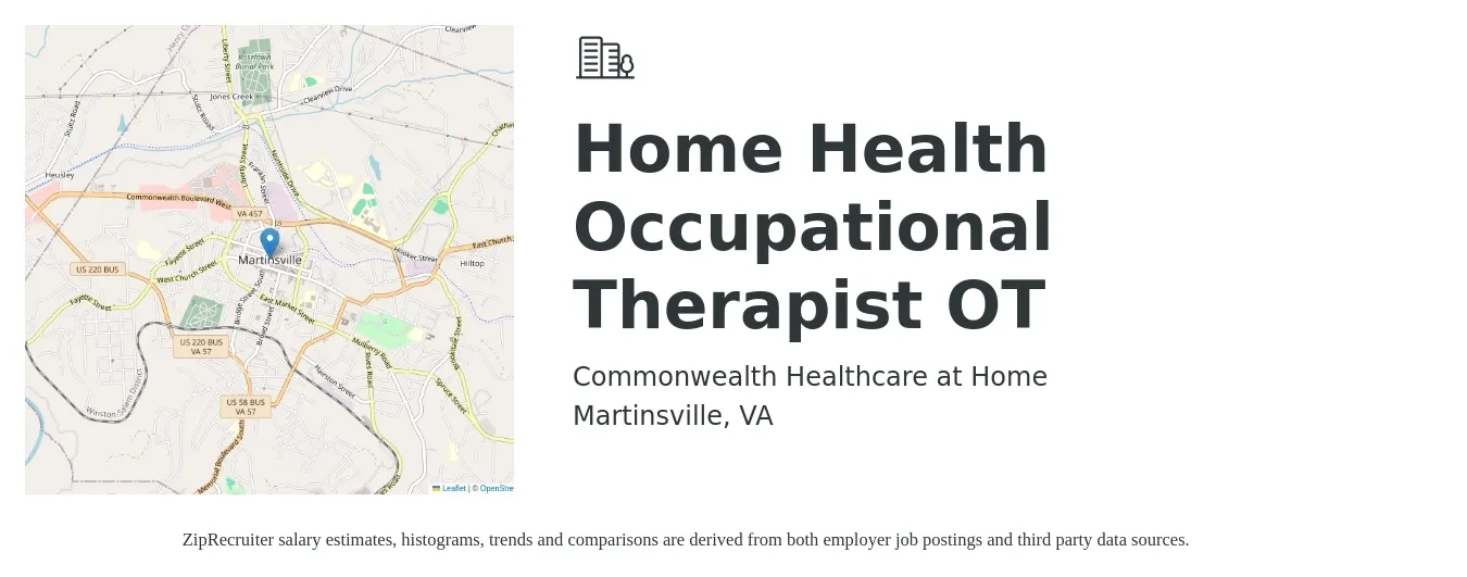 Commonwealth Healthcare at Home job posting for a Home Health Occupational Therapist OT in Martinsville, VA with a salary of $40 to $50 Hourly with a map of Martinsville location.