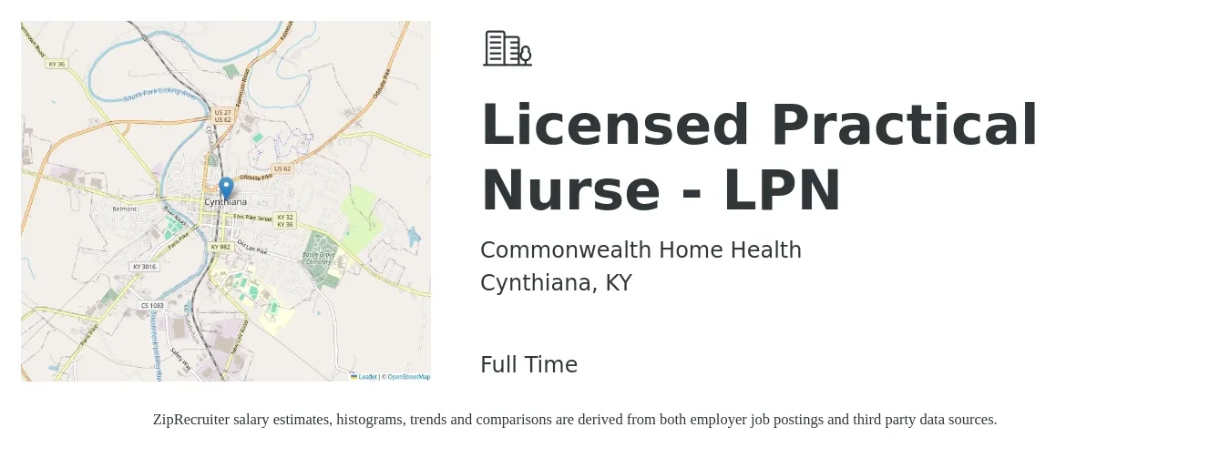 Commonwealth Home Health job posting for a Licensed Practical Nurse - LPN in Cynthiana, KY with a salary of $41,000 Yearly with a map of Cynthiana location.