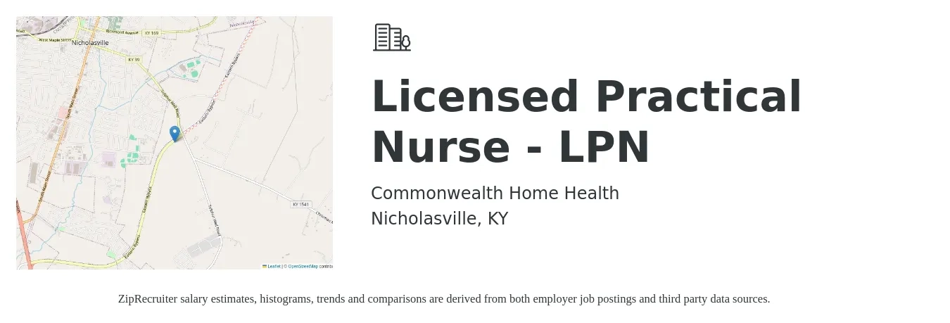 Commonwealth Home Health job posting for a Licensed Practical Nurse - LPN in Nicholasville, KY with a salary of $40,000 Yearly with a map of Nicholasville location.