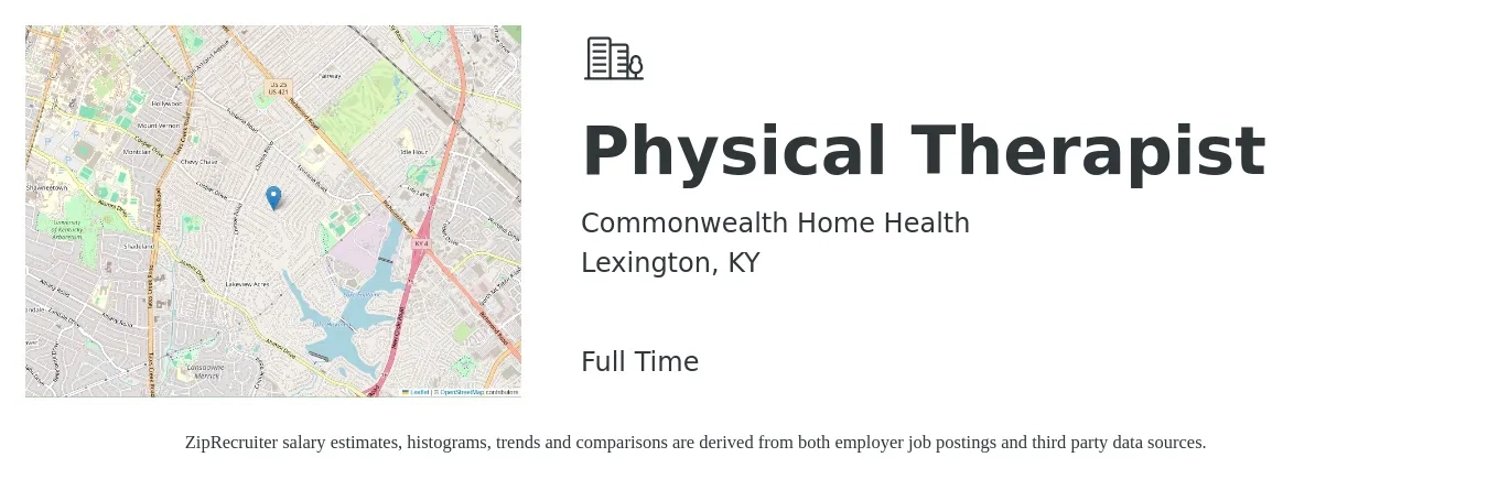 Commonwealth Home Health job posting for a Physical Therapist in Lexington, KY with a salary of $1,650 to $2,140 Weekly with a map of Lexington location.