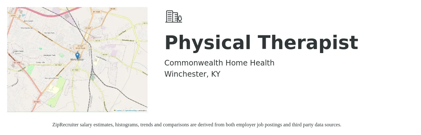 Commonwealth Home Health job posting for a Physical Therapist in Winchester, KY with a salary of $1,430 to $1,860 Weekly with a map of Winchester location.