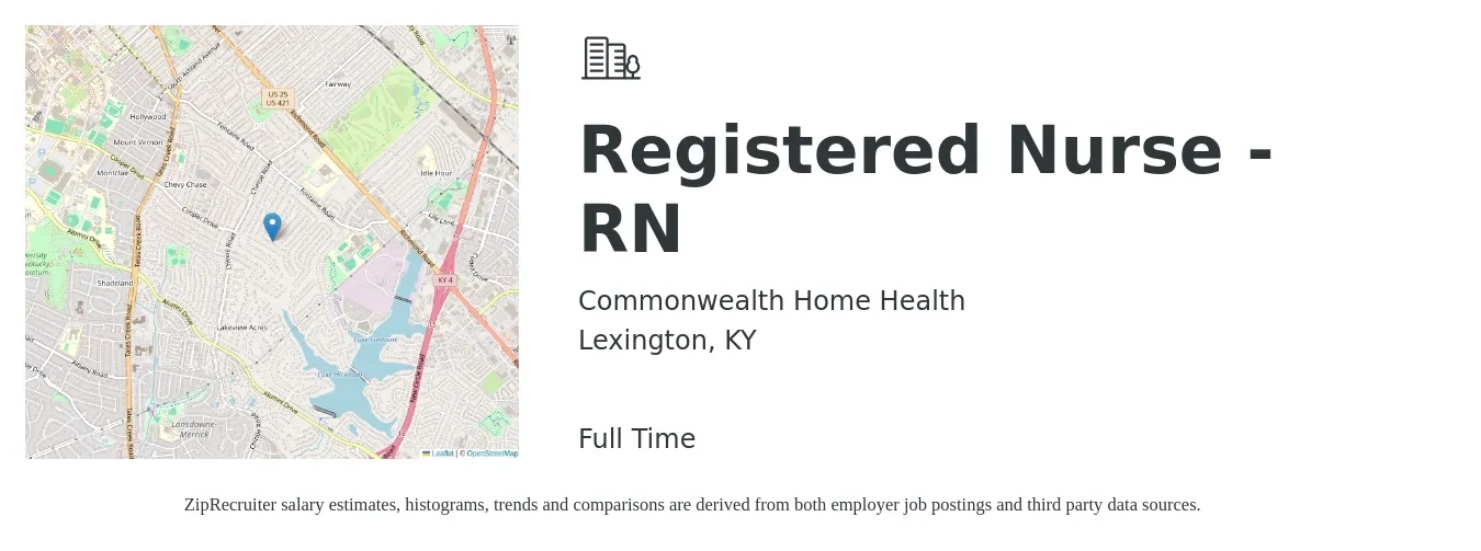 Commonwealth Home Health job posting for a Registered Nurse - RN in Lexington, KY with a salary of $55,000 Yearly with a map of Lexington location.