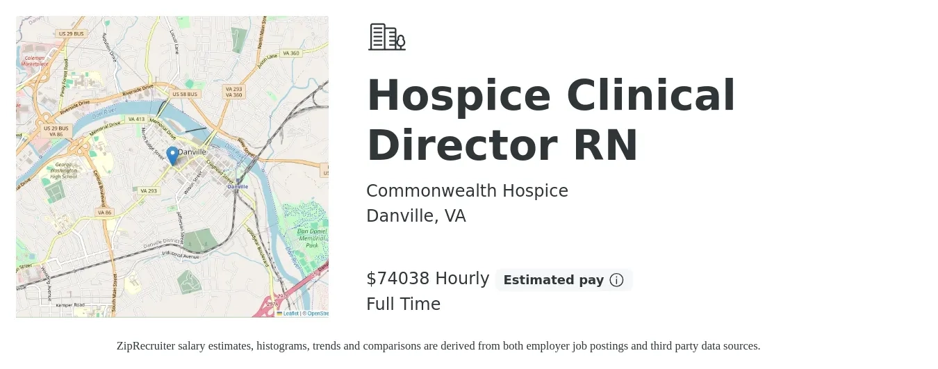 Commonwealth Hospice job posting for a Hospice Clinical Director RN in Danville, VA with a salary of $82,700 to $125,100 Yearly with a map of Danville location.