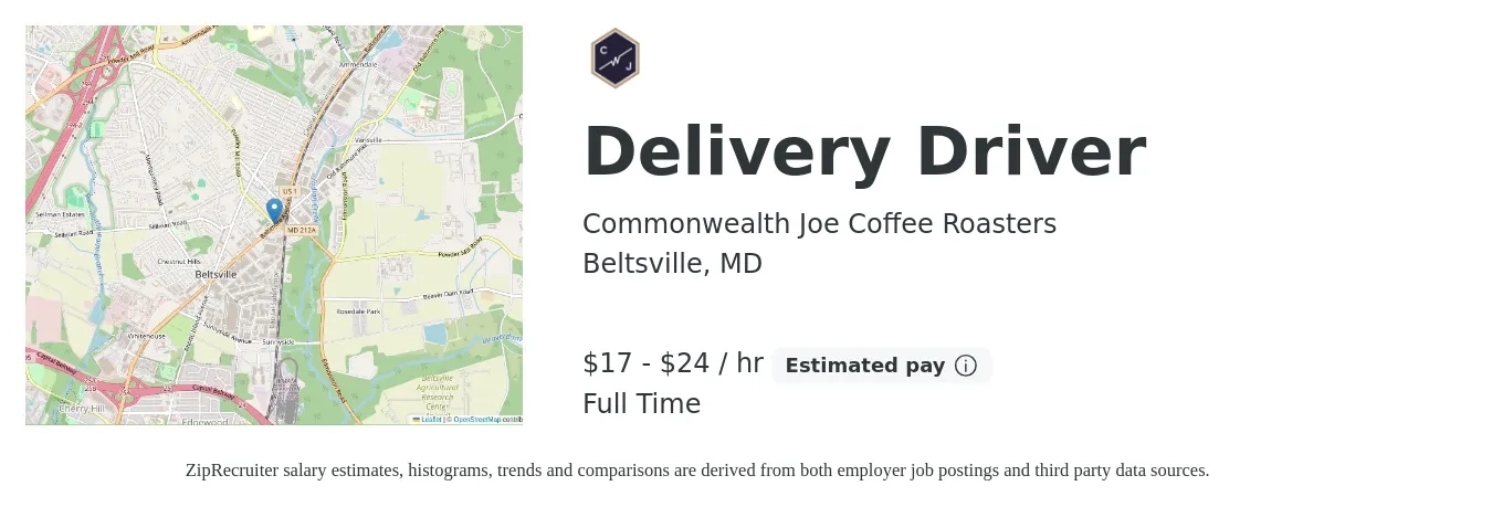 Commonwealth Joe Coffee Roasters job posting for a Delivery Driver in Beltsville, MD with a salary of $18 Hourly with a map of Beltsville location.