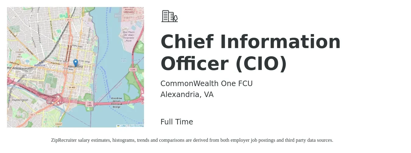 CommonWealth One FCU job posting for a Chief Information Officer (CIO) in Alexandria, VA with a salary of $133,800 to $201,800 Yearly with a map of Alexandria location.