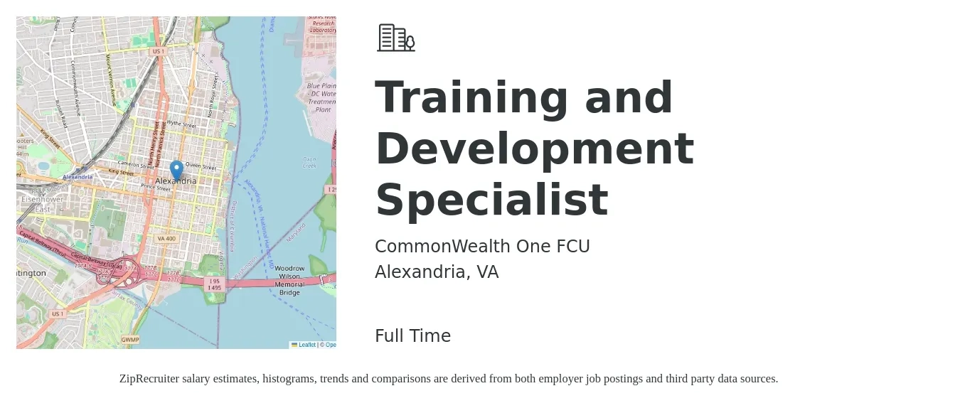 CommonWealth One FCU job posting for a Training and Development Specialist in Alexandria, VA with a salary of $57,800 to $84,000 Yearly with a map of Alexandria location.