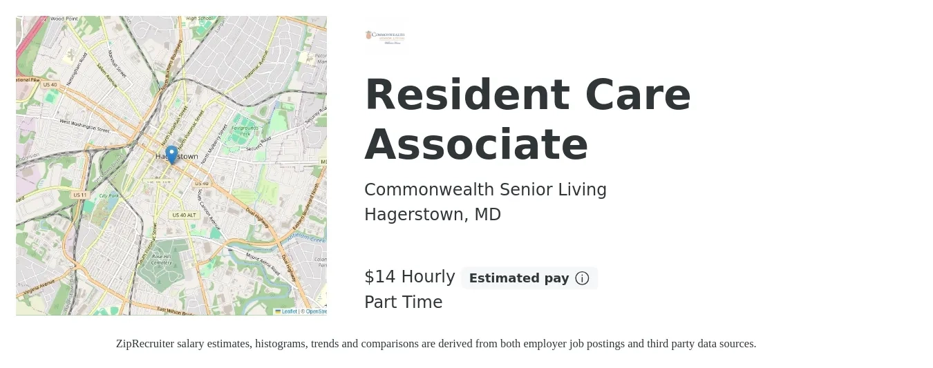 Commonwealth Senior Living job posting for a Resident Care Associate in Hagerstown, MD with a salary of $14 to $17 Hourly with a map of Hagerstown location.