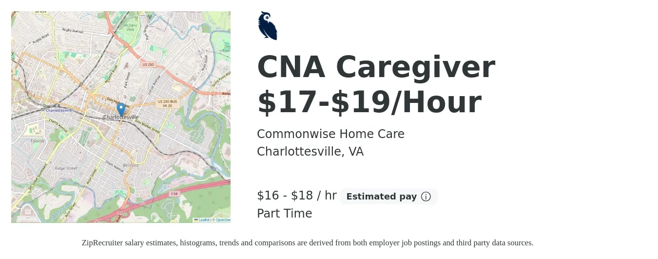 Commonwise Home Care job posting for a CNA Caregiver $17-$19/Hour in Charlottesville, VA with a salary of $17 to $19 Hourly with a map of Charlottesville location.