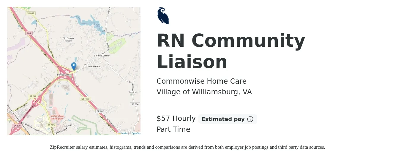 Commonwise Home Care job posting for a RN Community Liaison in Village of Williamsburg, VA with a salary of $60 Hourly with a map of Village of Williamsburg location.