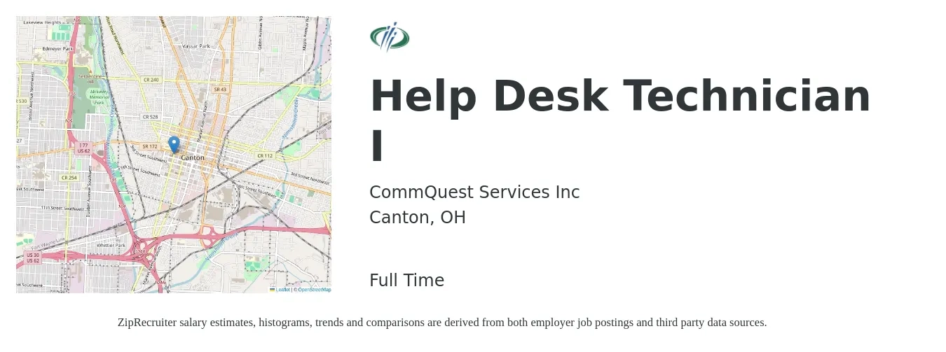 CommQuest Services Inc job posting for a Help Desk Technician I in Canton, OH with a salary of $18 to $25 Hourly with a map of Canton location.