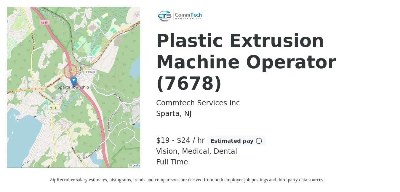 Commtech Services Inc job posting for a Plastic Extrusion Machine Operator (7678) in Sparta, NJ with a salary of $20 to $25 Hourly and benefits including medical, retirement, vision, and dental with a map of Sparta location.