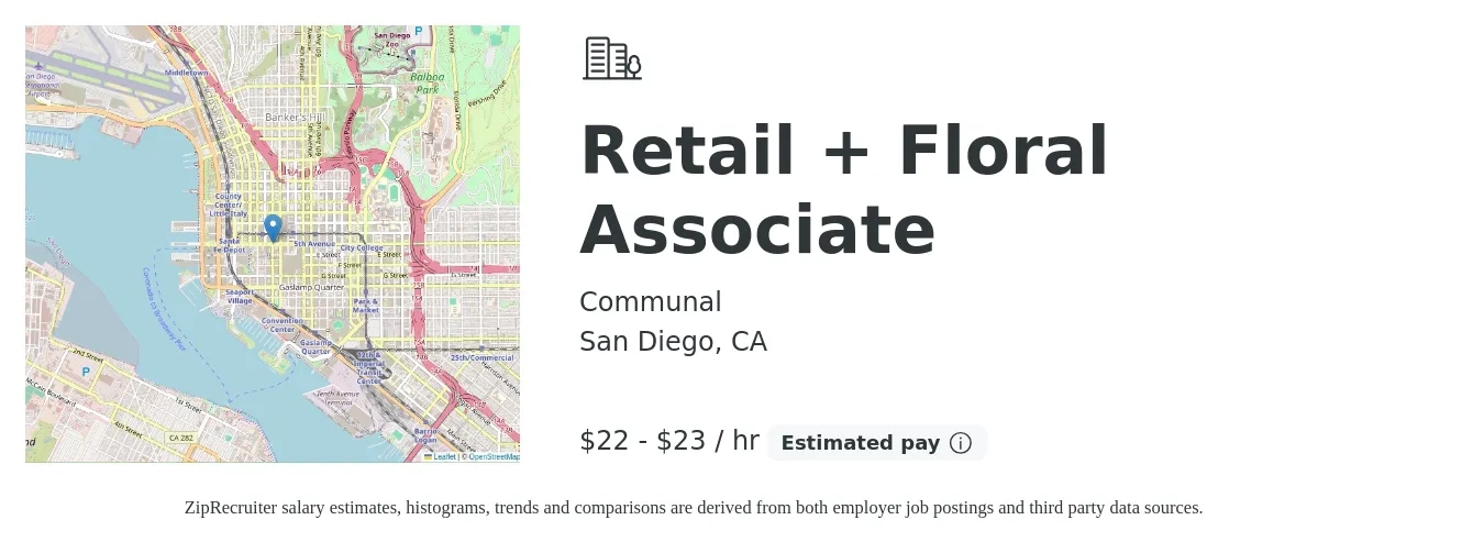 Communal job posting for a Retail + Floral Associate in San Diego, CA with a salary of $23 to $24 Hourly with a map of San Diego location.